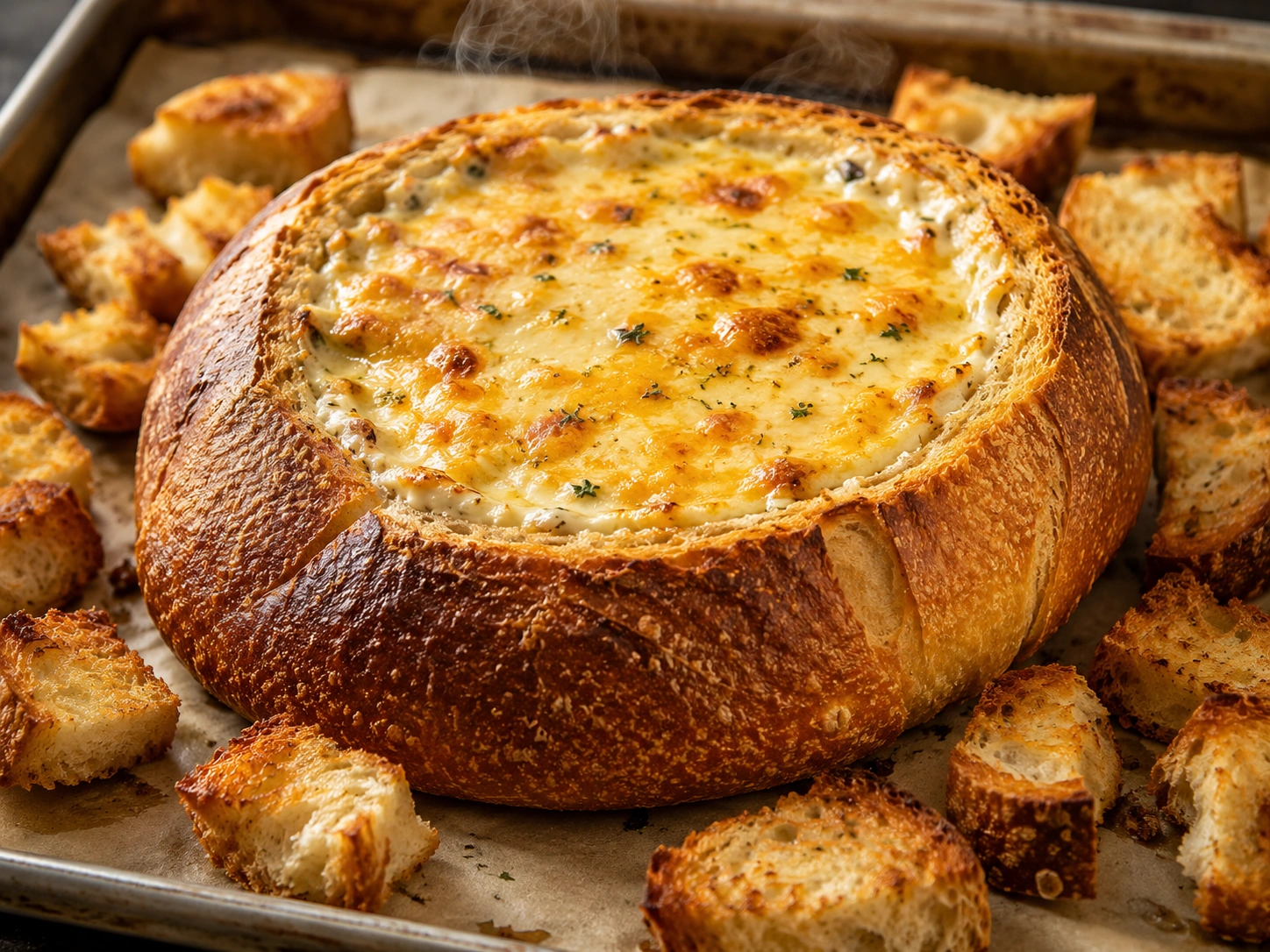 Finished cob loaf dip fresh from the oven with toasted dippers